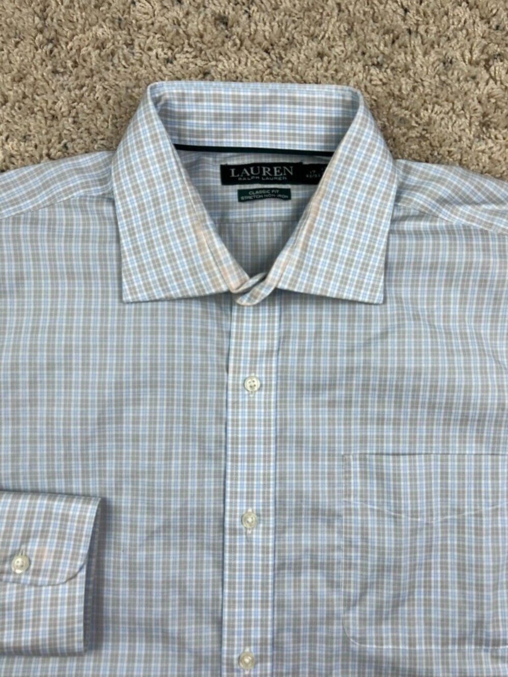 Lauren Ralph Lauren Dress Shirt Size 17 32 Classic Fit Stretch Blue Beige Plaid